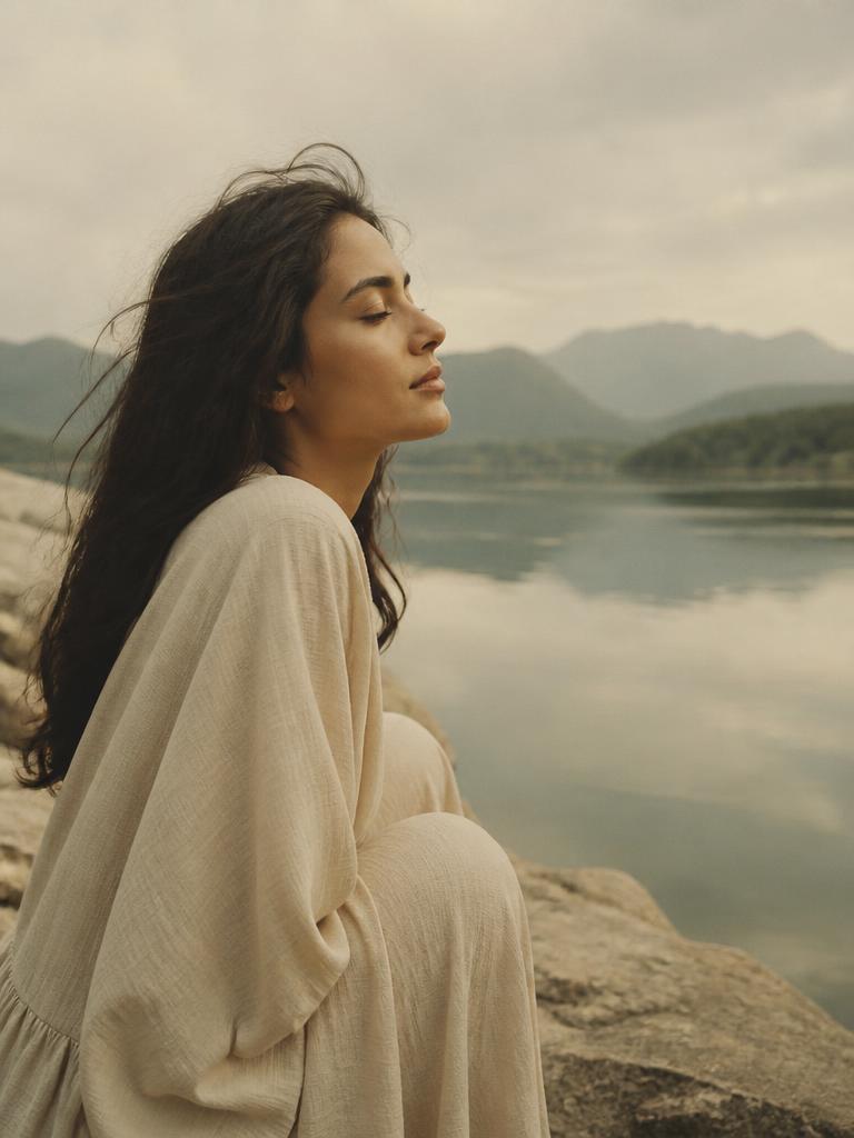 Our Heart — a peaceful woman resting beside a still lake.