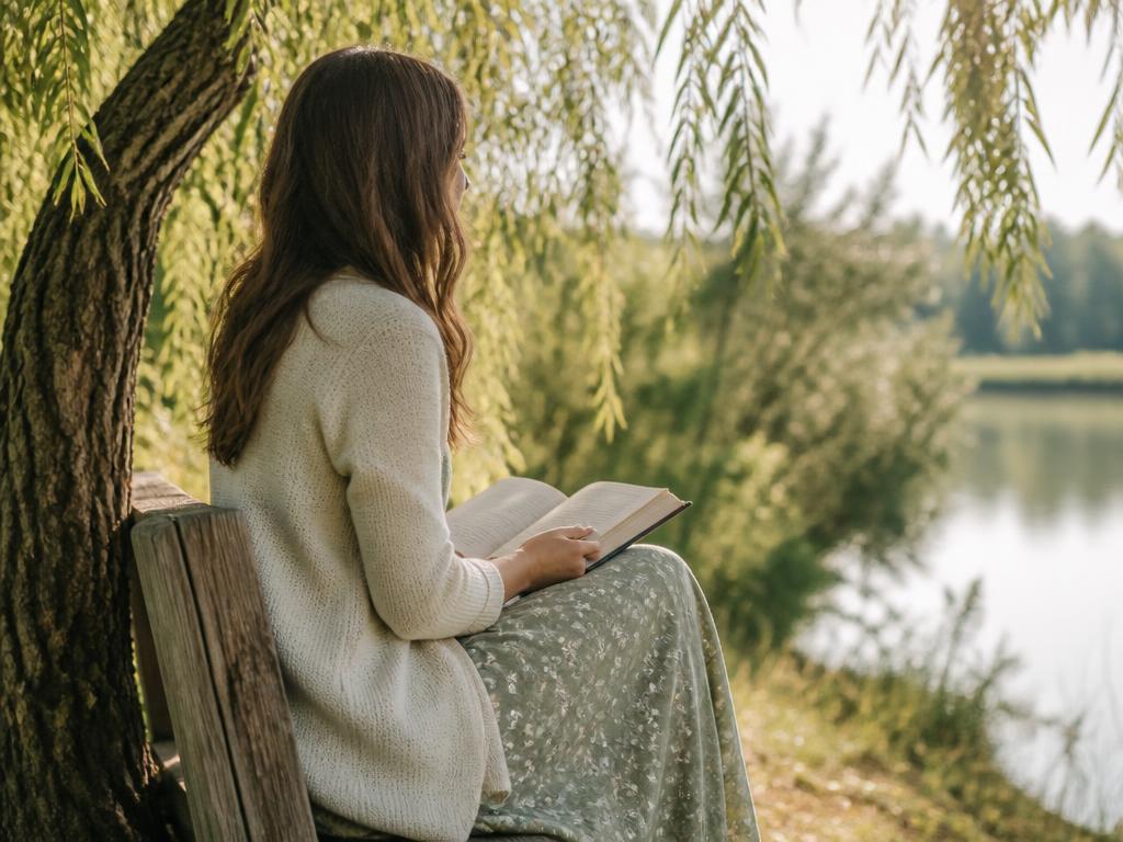 A woman resting on a bench beneath a willow tree, reading Scripture