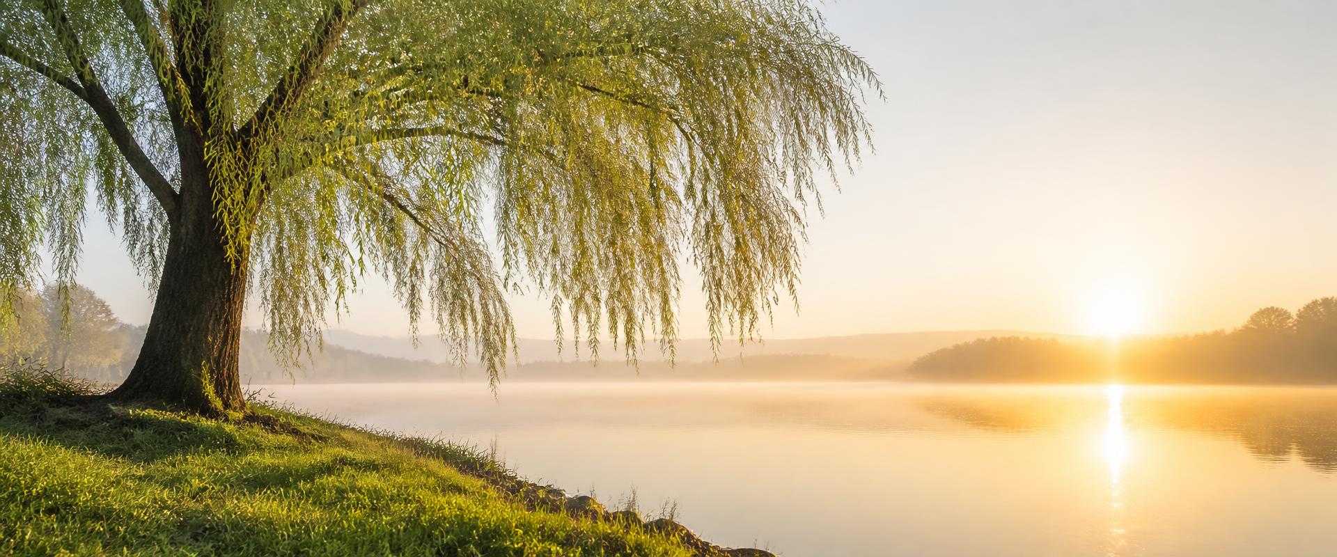 A willow tree at sunrise beside still water