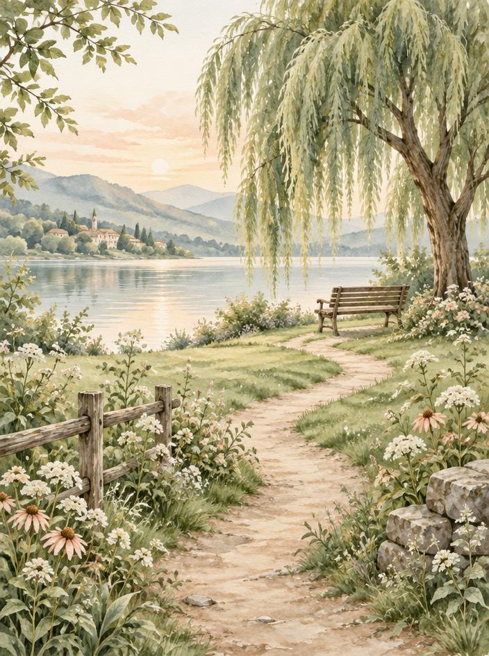 A peaceful lakeside path with a willow tree and a bench