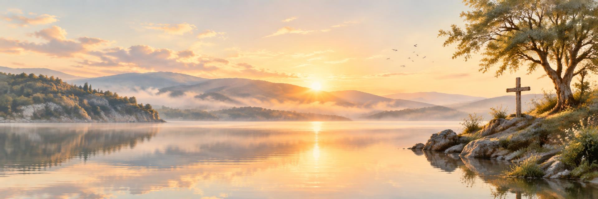 Sunrise over a peaceful lake with a cross on the shore
