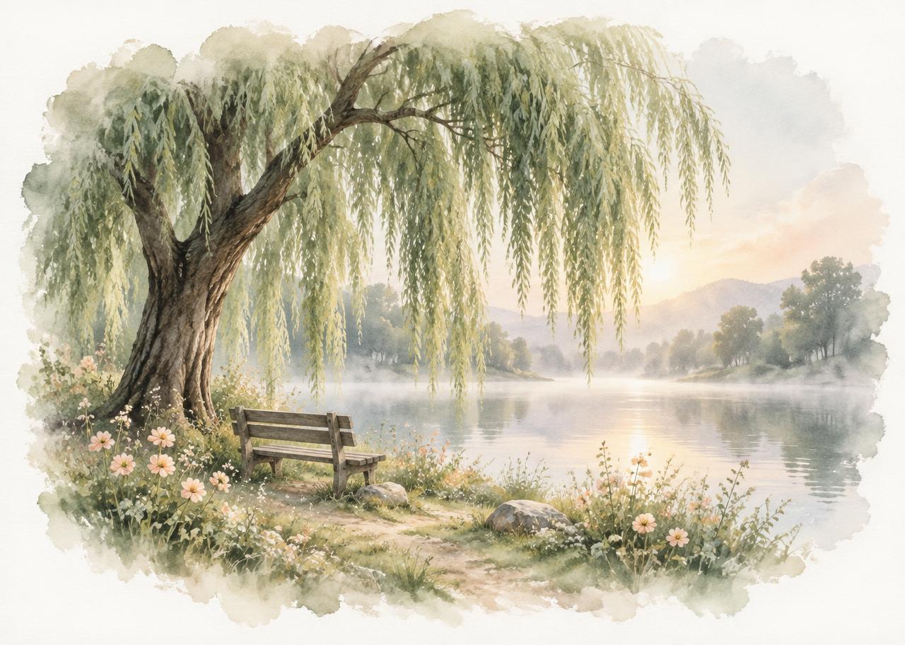 Watercolor willow tree and bench beside a peaceful lake