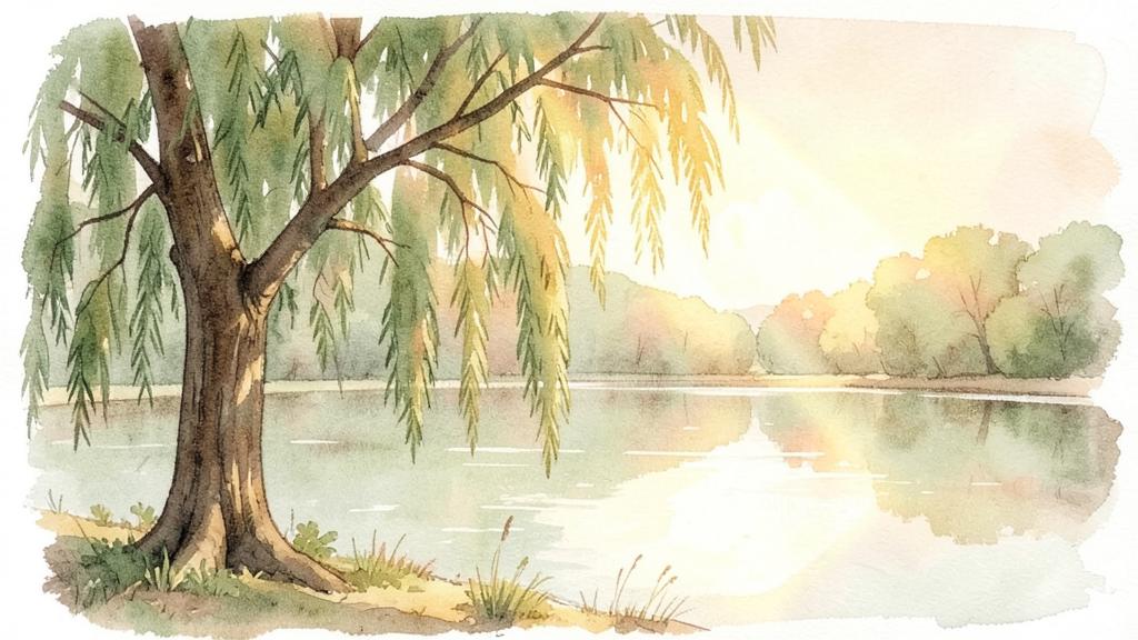Warm light shining through a willow tree beside a calm lake, representing Christ-centered love.