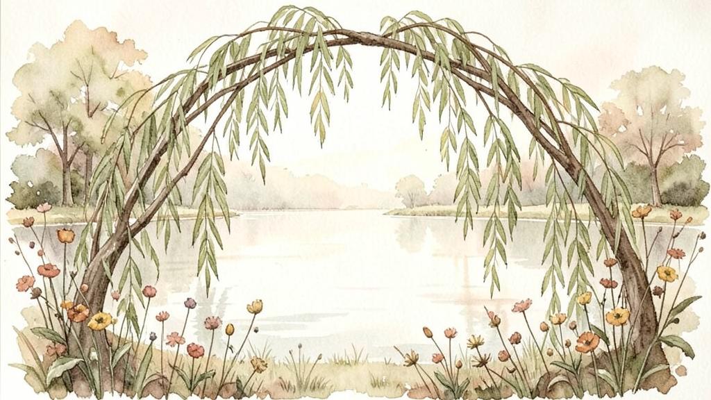 Intertwined willow branches forming a circle over a calm lake, representing community.