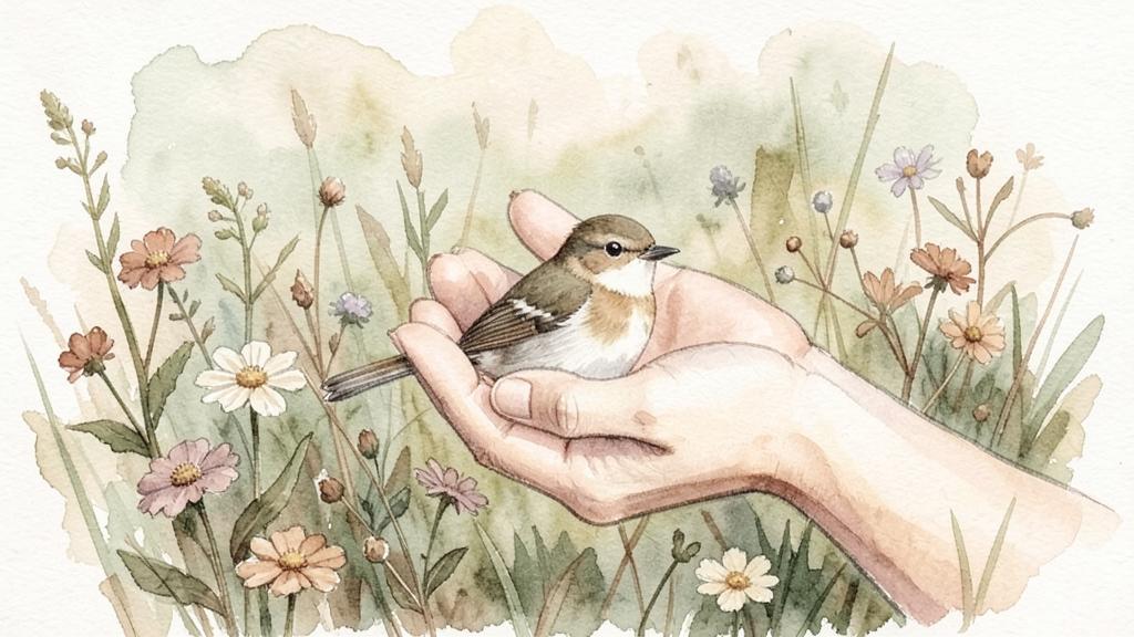 Gentle hands cradling a small bird among wildflowers, representing compassion.