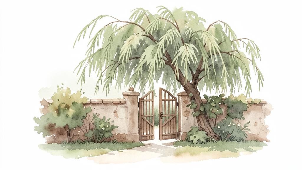 A quiet garden gate beneath a willow tree, representing confidentiality and safe shelter.