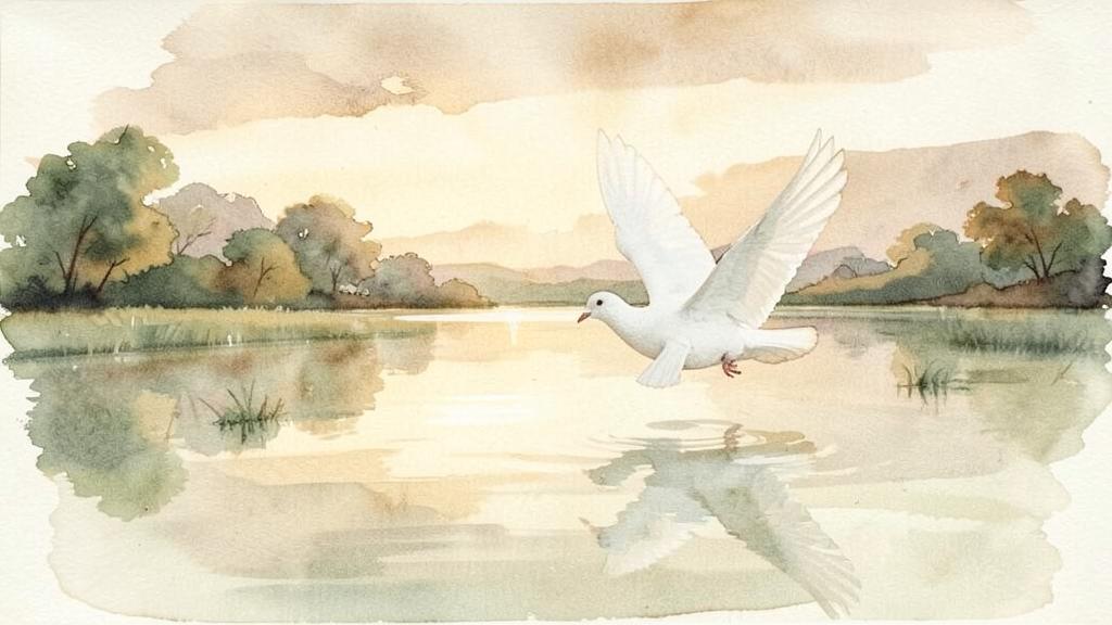 A white dove gliding over calm water at sunrise, representing grace and peace.