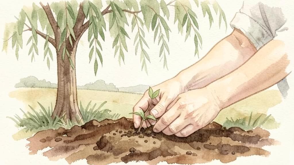 Hands planting a small seedling in rich soil beside a willow tree, representing service.
