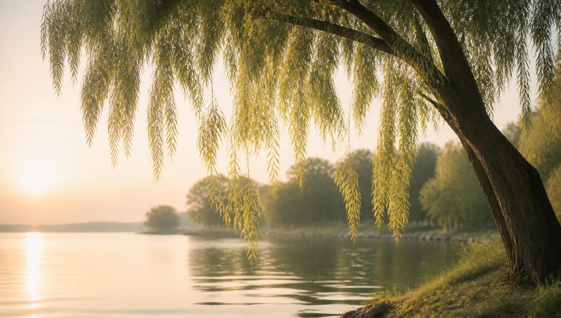Soft willow branches over calm water at sunrise
